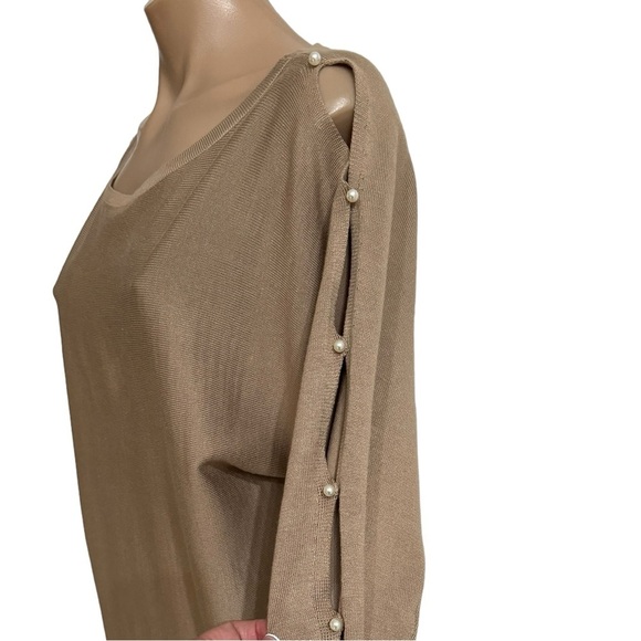 CABLE & GAUGE CAMEL BROWN PEARL SLEEVE PEEKABOO KNIT TOP SWEATER SZ L - Picture 3 of 3